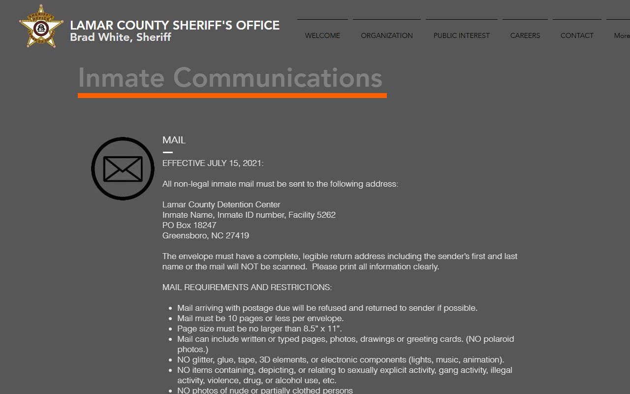 Lamar County inmate population communications and visitation rules