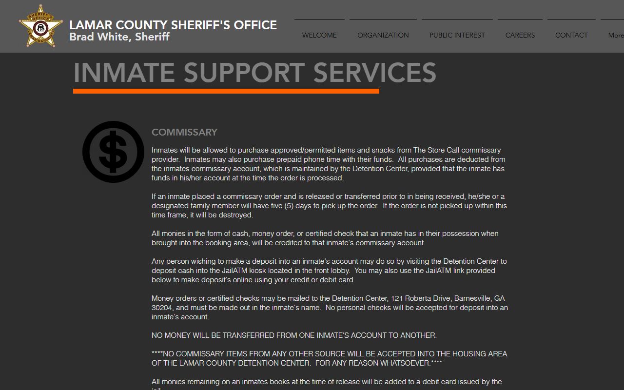Lamar County inmate records commissary and JailATM support services